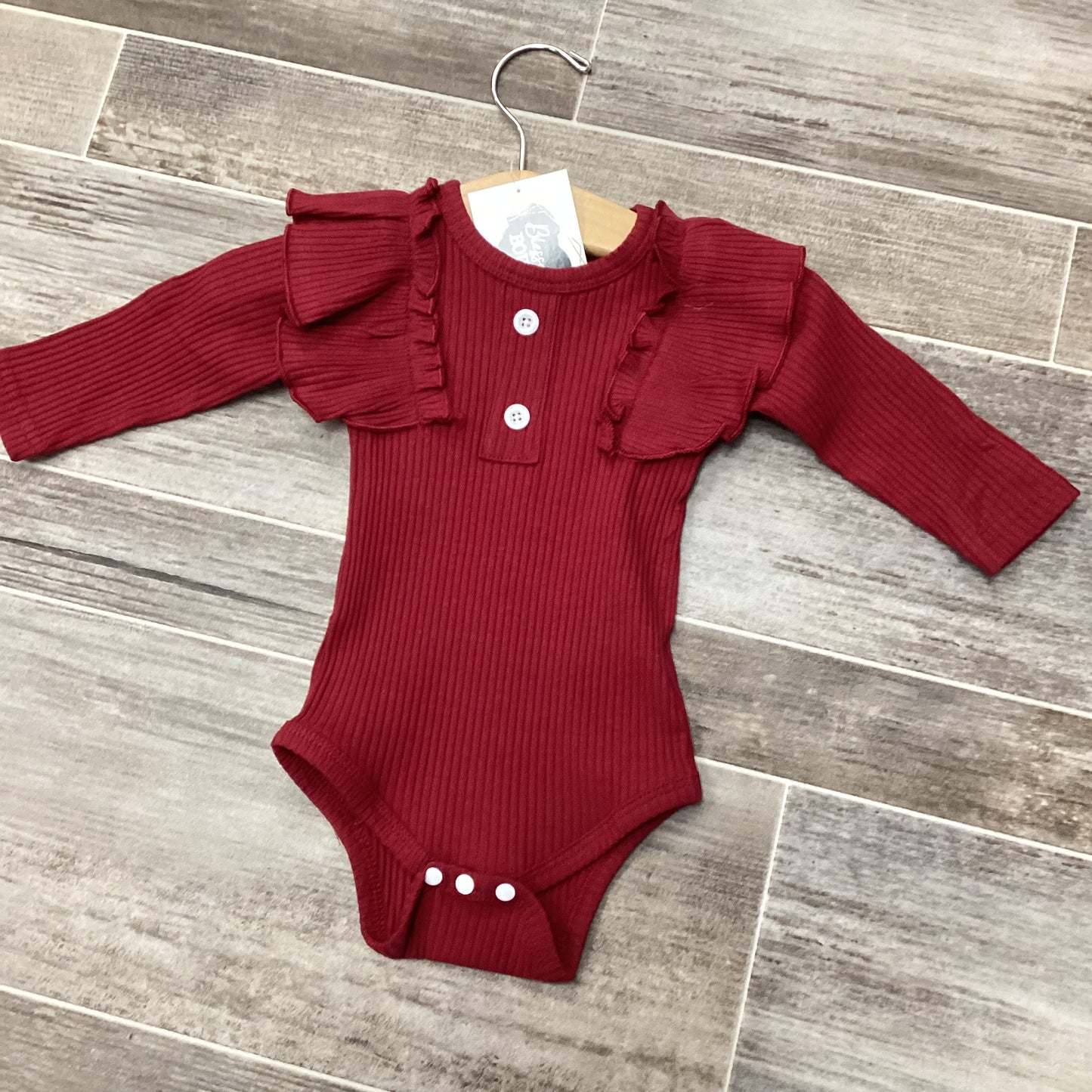 Baby Girl 3pcs Ribbed Rose Floral Long Sleeve Romper Set: Burgundy