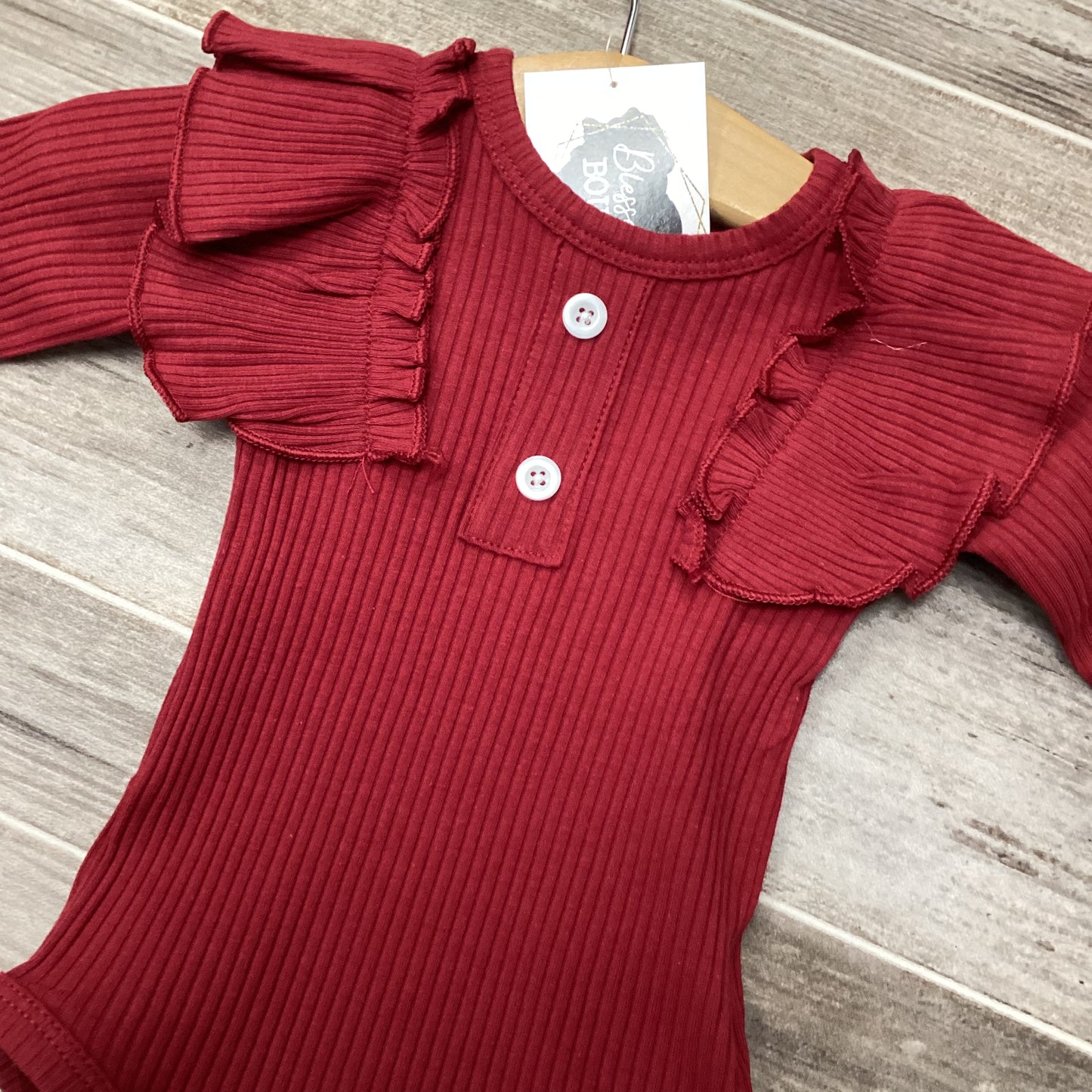 Baby Girl 3pcs Ribbed Rose Floral Long Sleeve Romper Set: Burgundy