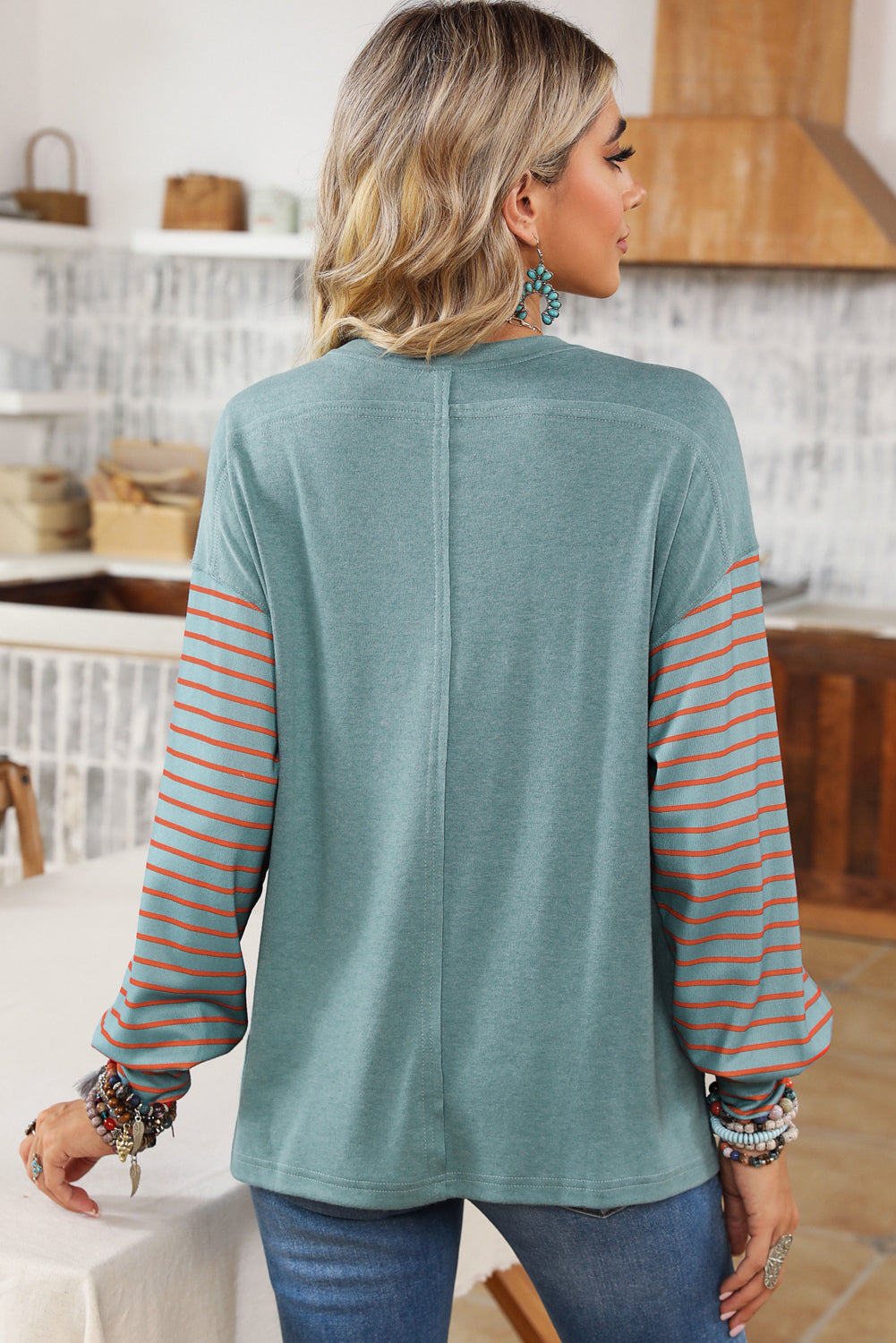 Black Striped Round Neck Drop Shoulder Long Sleeve Top