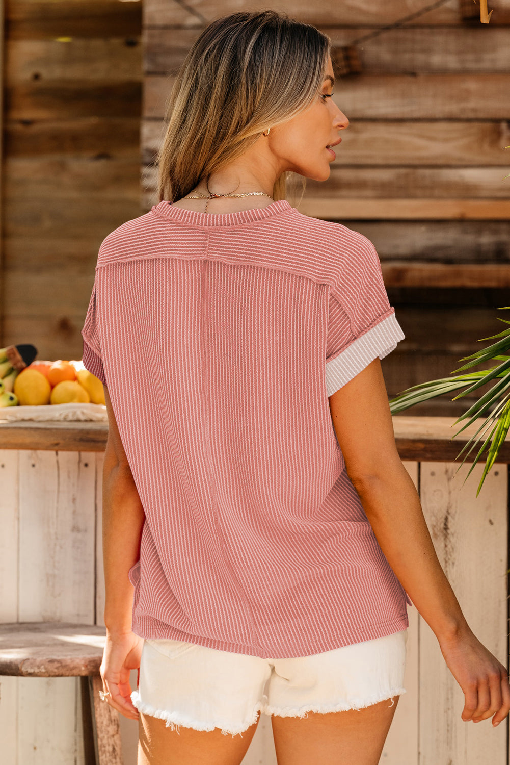 Apricot Pink Colorblock Ribbed Round Neck T Shirt