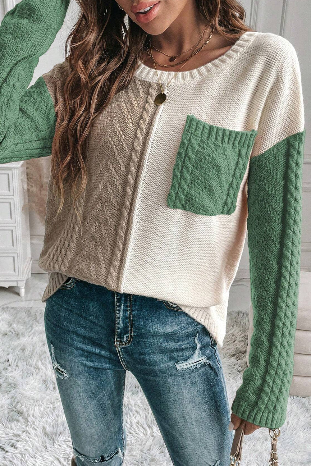 Vineyard Green Colorblock Pocket Drop Shoulder Sweater