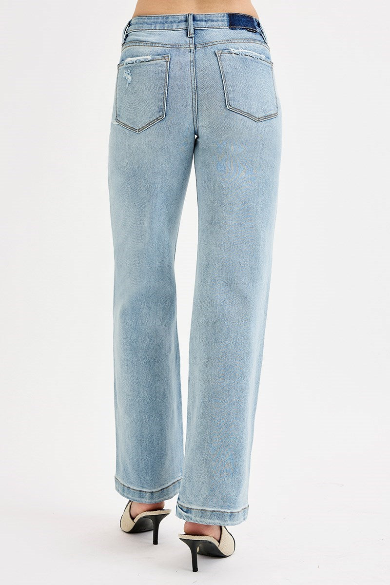 Risen Mid Rise Wide Leg Distressed Jeans