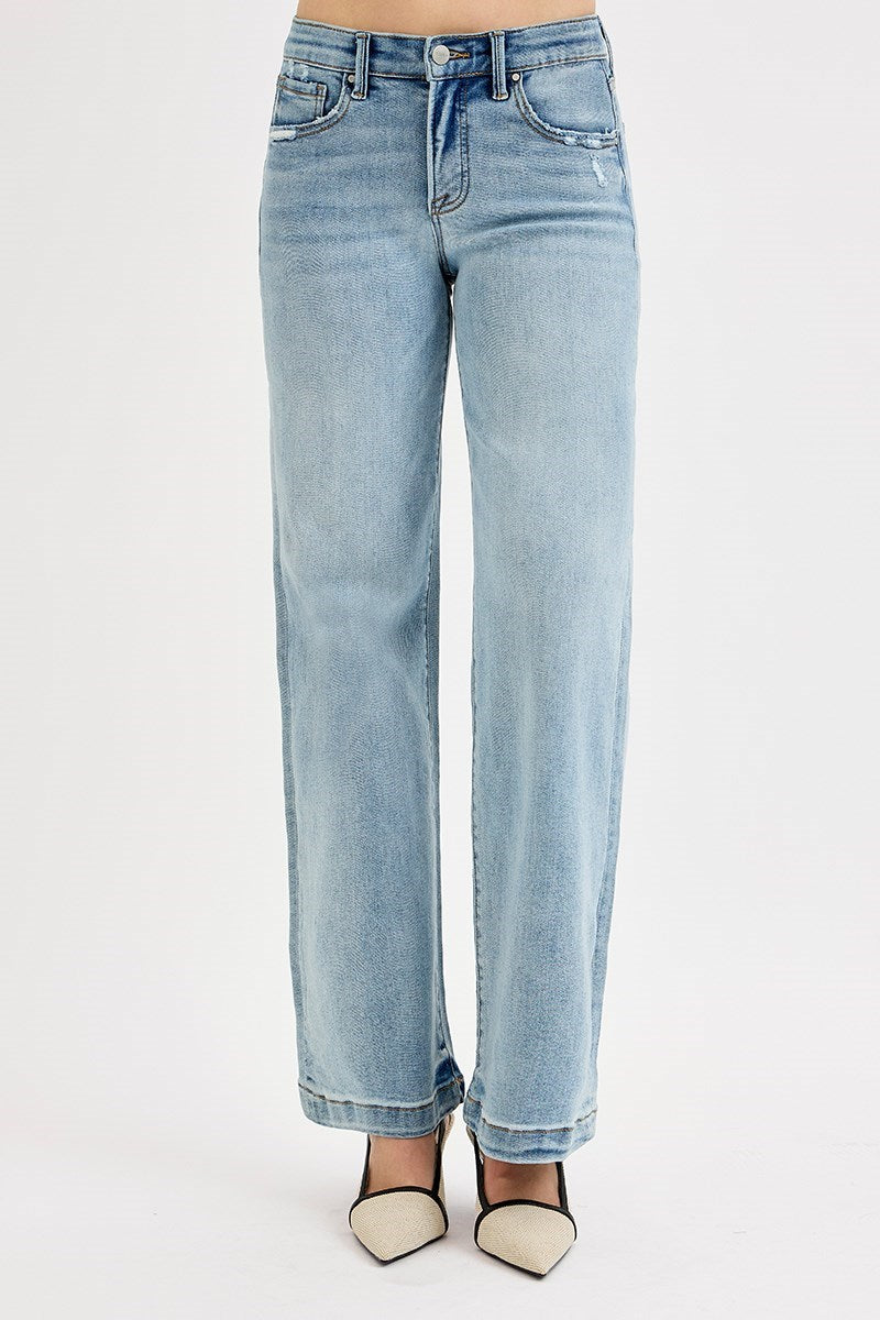 Risen Mid Rise Wide Leg Distressed Jeans