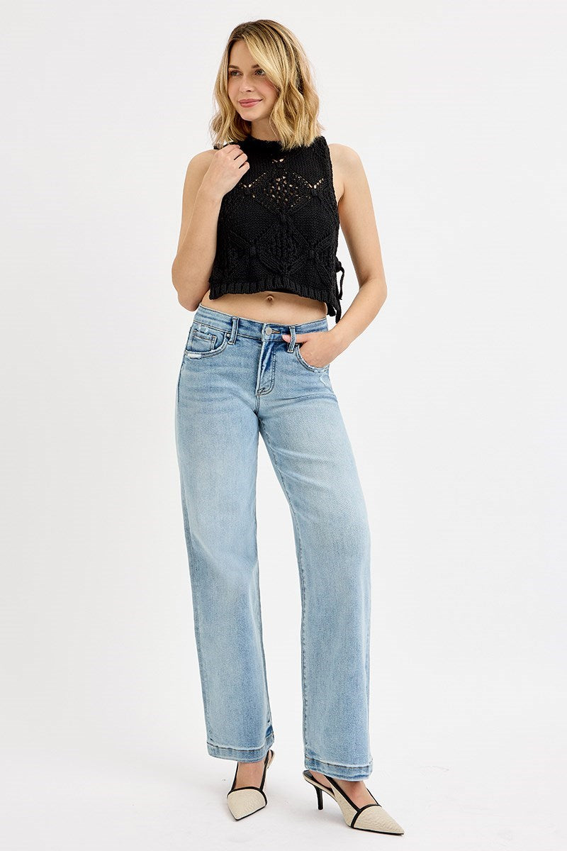 Risen Mid Rise Wide Leg Distressed Jeans