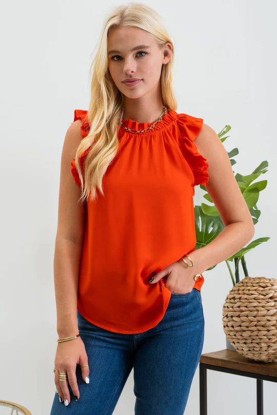 SOLID RUFFLE SLEEVELESS BLOUSE TOP