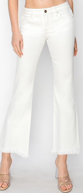 WHITE- TUMMY CONTROL-MID RISE-CROP STRAIGHT-FRAY HEM