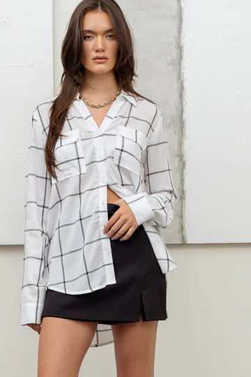GRID BUTTON UP WOVEN TOP