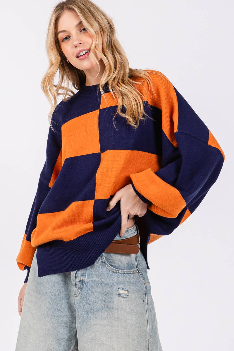 PURPLE/YELLOW GAME DAY CHECKERED SWEATER
