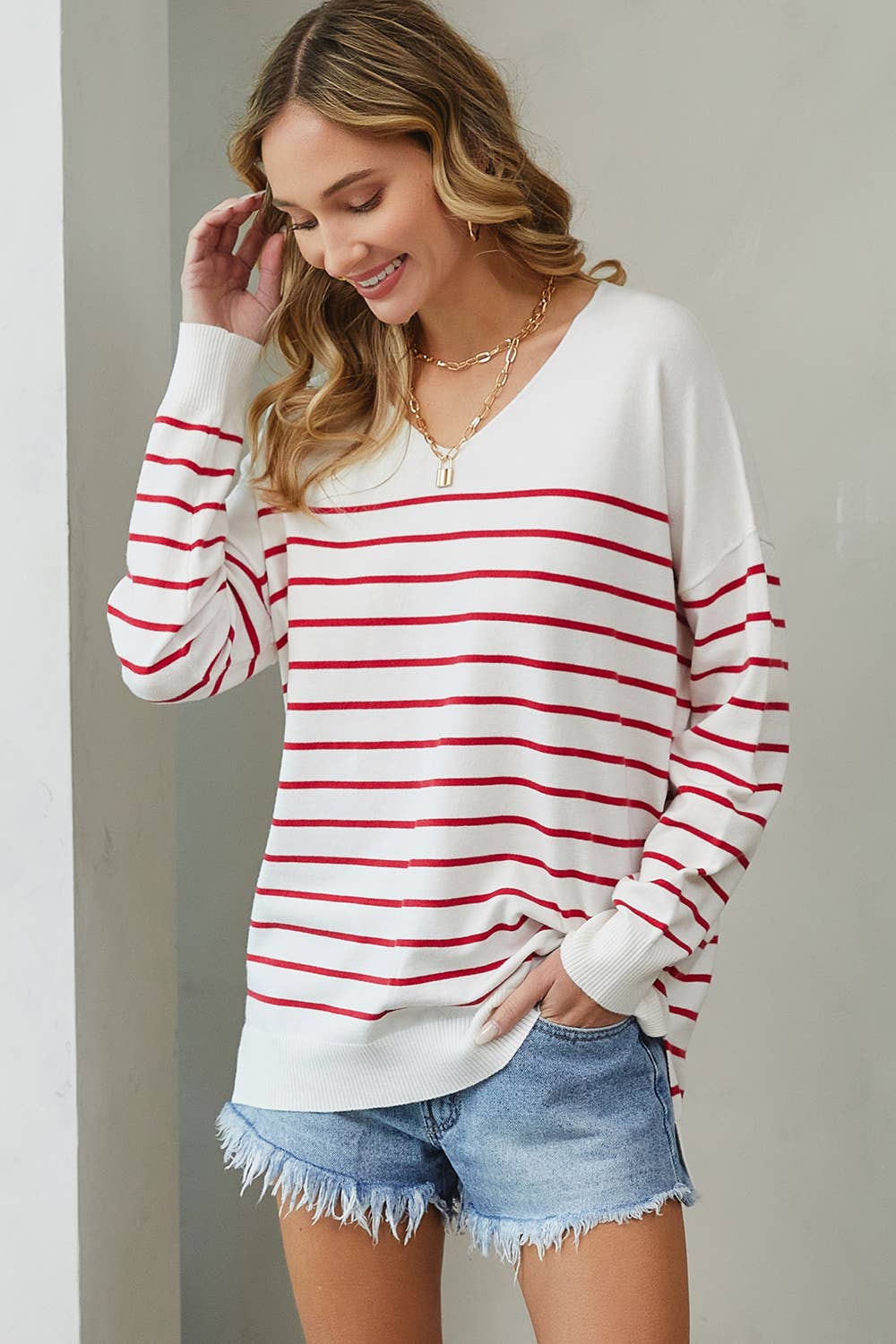 Ivory Red Striped Sweater