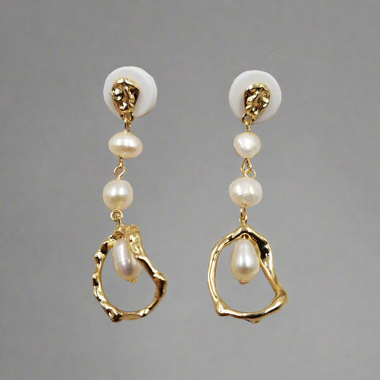 Gold Natural Pearl Long Earrings