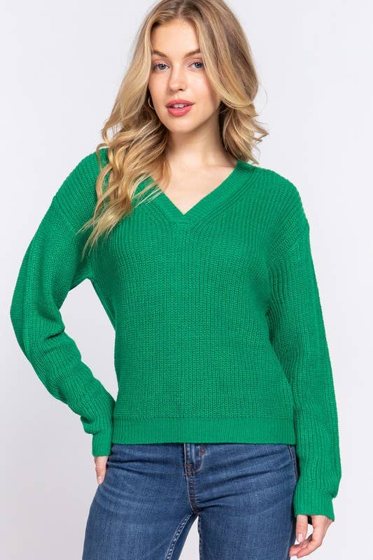 Long Sleeve V-neck Sweater - Green