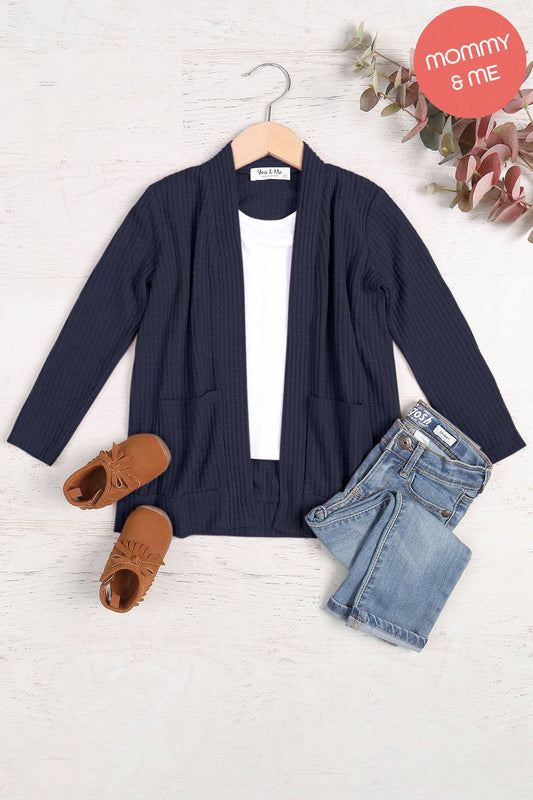 Girls' COZY WAFFLE POCKET CARDIGAN: Navy