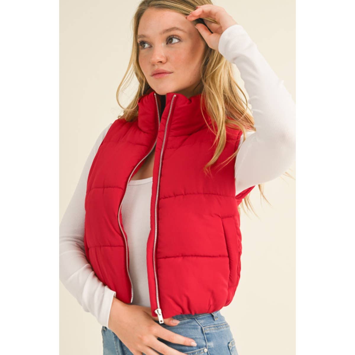 Red High Neck Zip Up Outerwear Vest