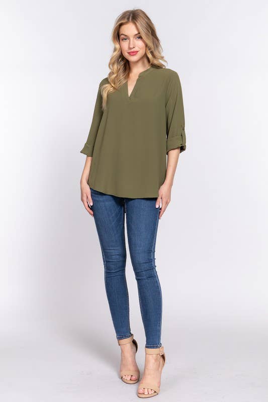 3/4 Roll Up Sleeve V-neck Woven Blouse -Olive