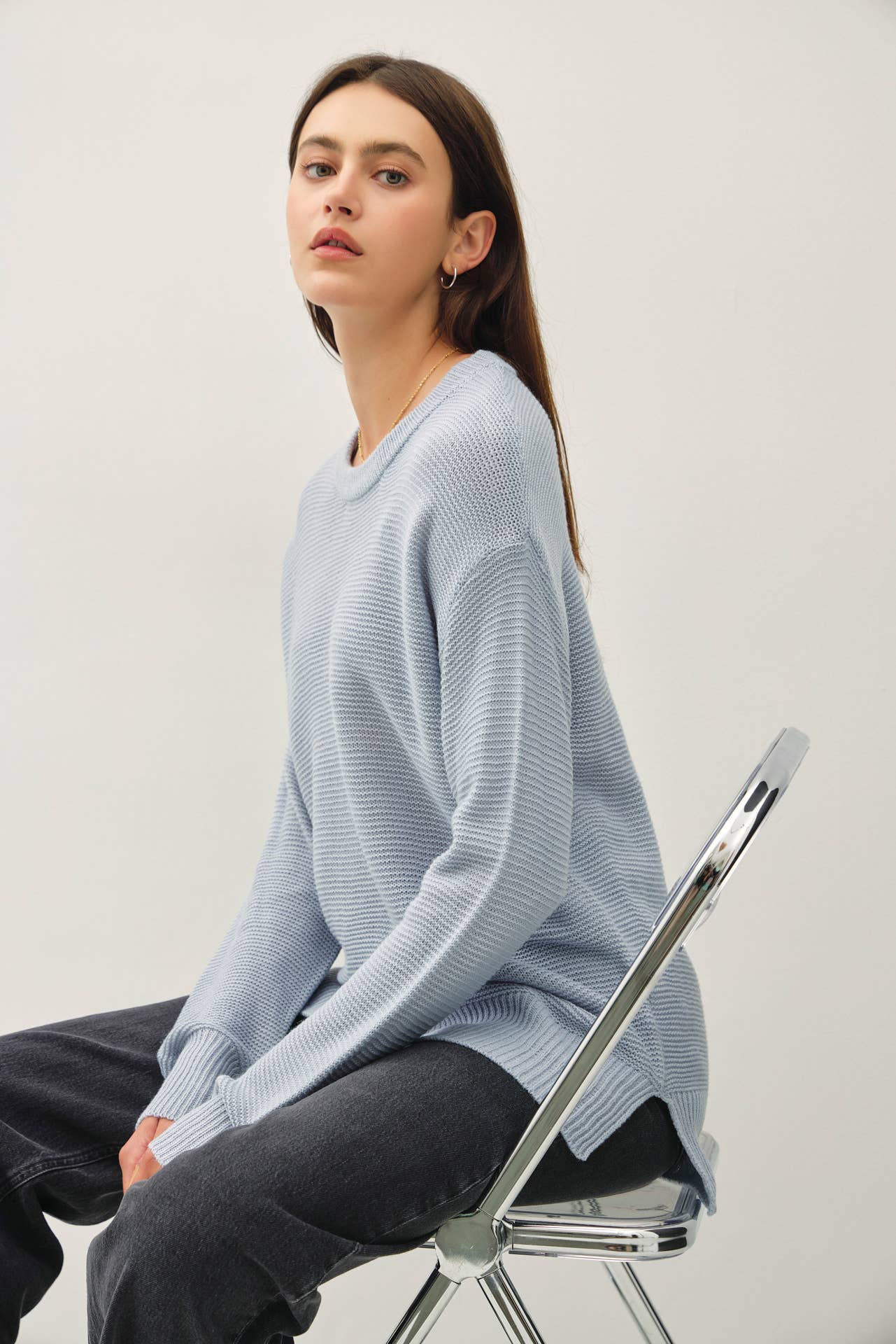 Boyfriend Fit Sweater - Dusty Blue