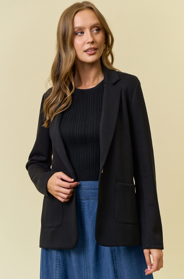 Black - Notched Collar Soft Brushed Modal Patch Pocket Long Sleeve Blazer