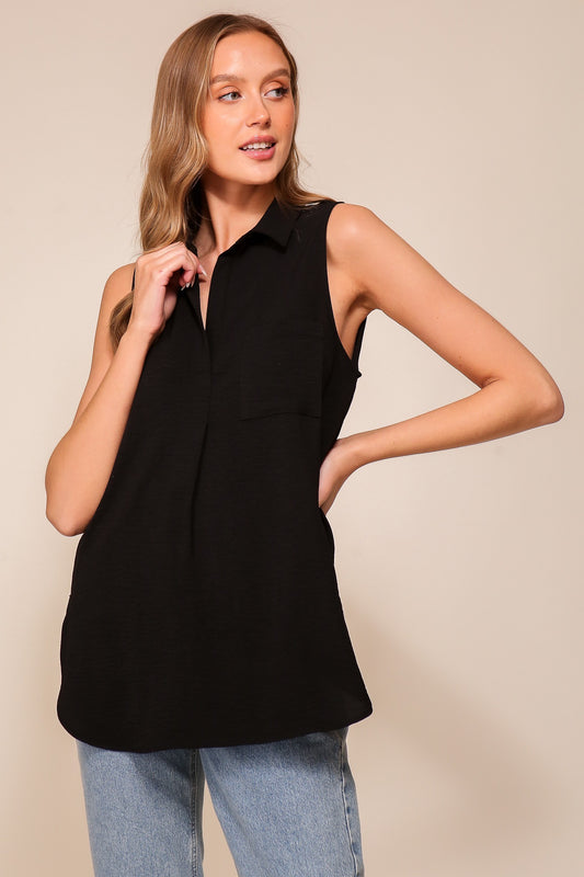 Black Vneck Collard Tank with Pocket