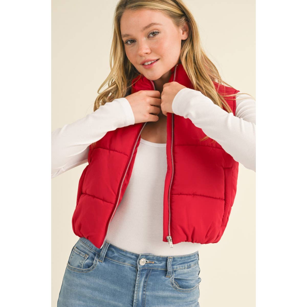 Red High Neck Zip Up Outerwear Vest