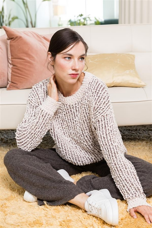 Popcorn Yarn Pullover Sweater - Mocha