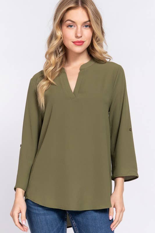 3/4 Roll Up Sleeve V-neck Woven Blouse -Olive