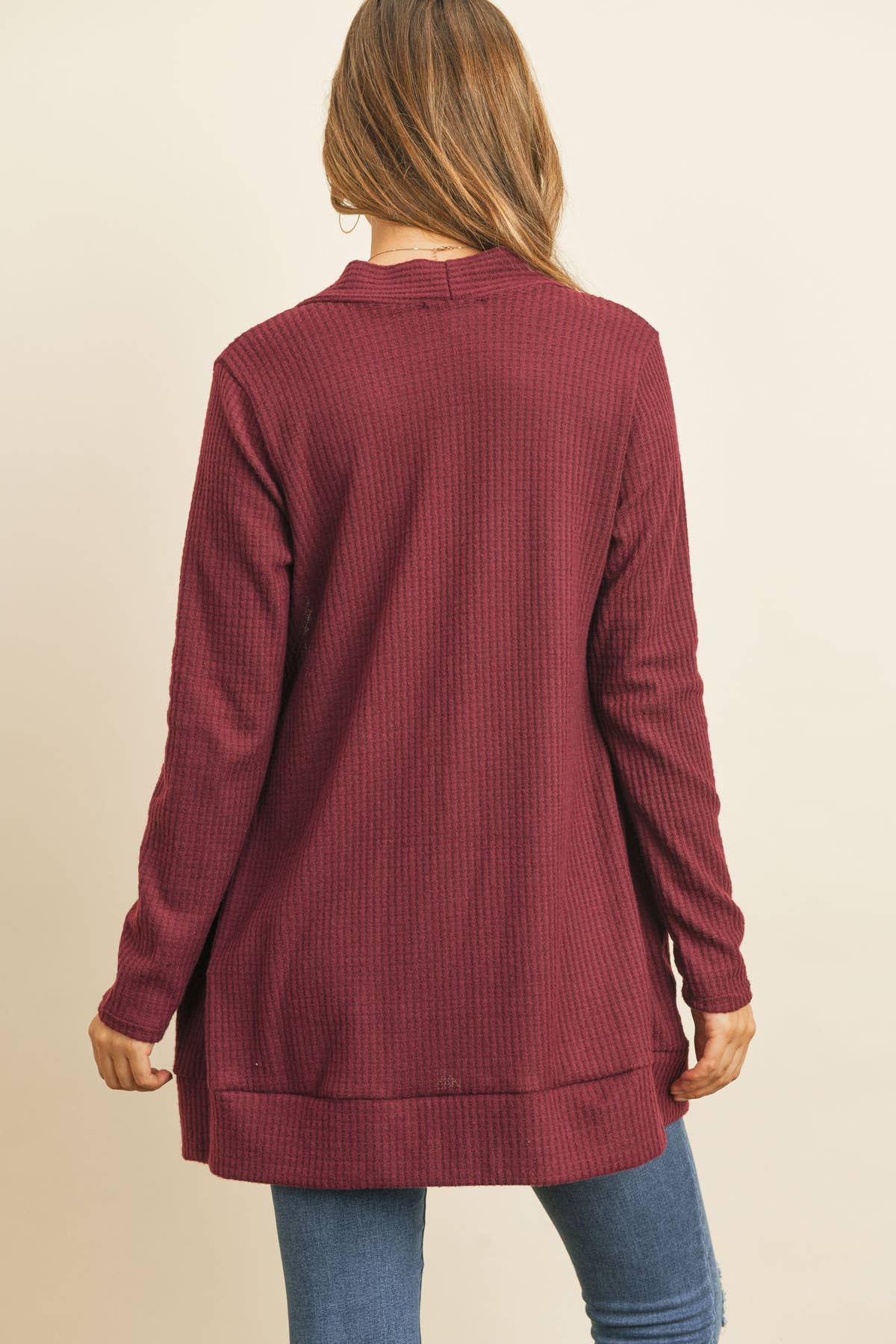 COZY WAFFLE POCKET CARDIGAN: Burgundy