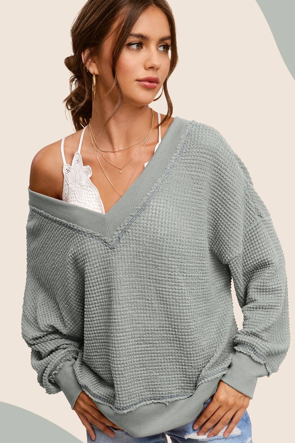 Sage V-neck Waffle Top