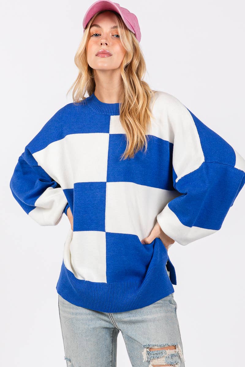 ROYAL/WHITE GAME DAY CHECKERED SWEATER