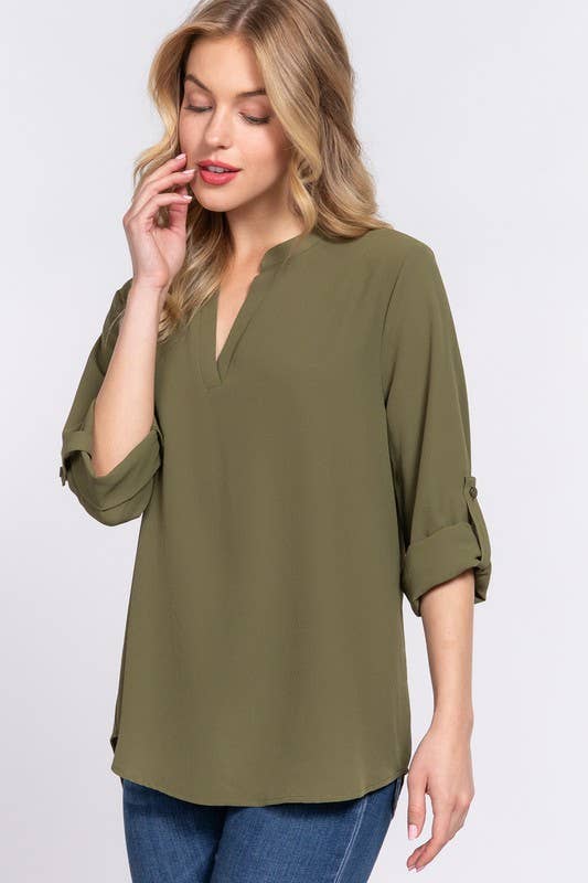 3/4 Roll Up Sleeve V-neck Woven Blouse -Olive