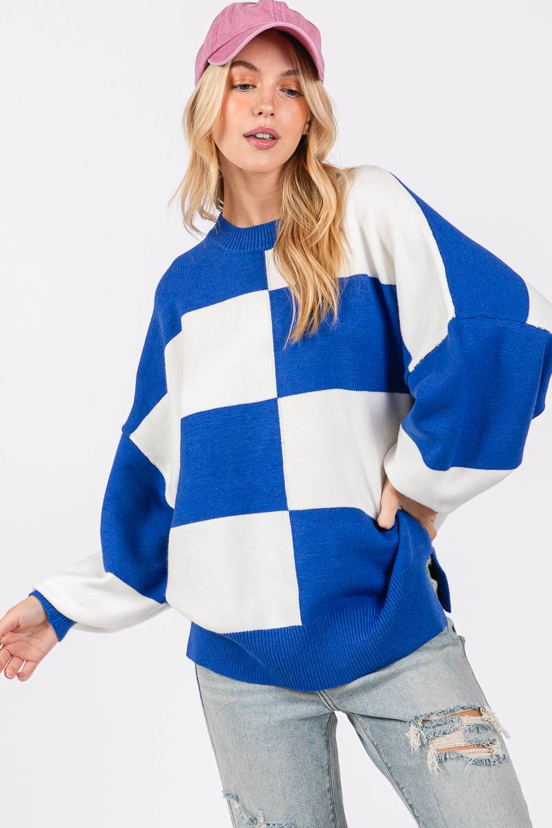 ROYAL/WHITE GAME DAY CHECKERED SWEATER