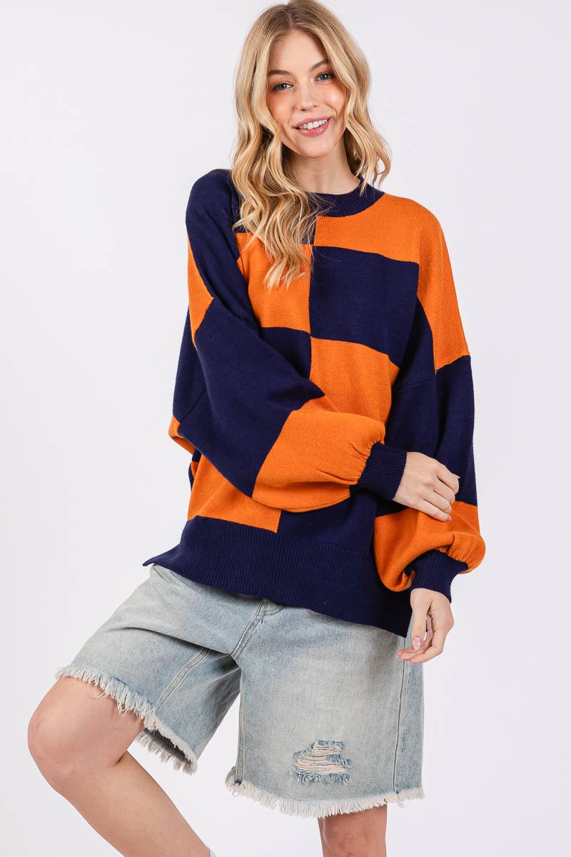 PURPLE/YELLOW GAME DAY CHECKERED SWEATER