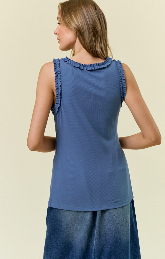Denim - Ribbed Tank with Ruffle Detail