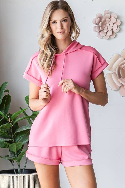 PINK SOLID MODAL SCUBA  HOODIE TOP