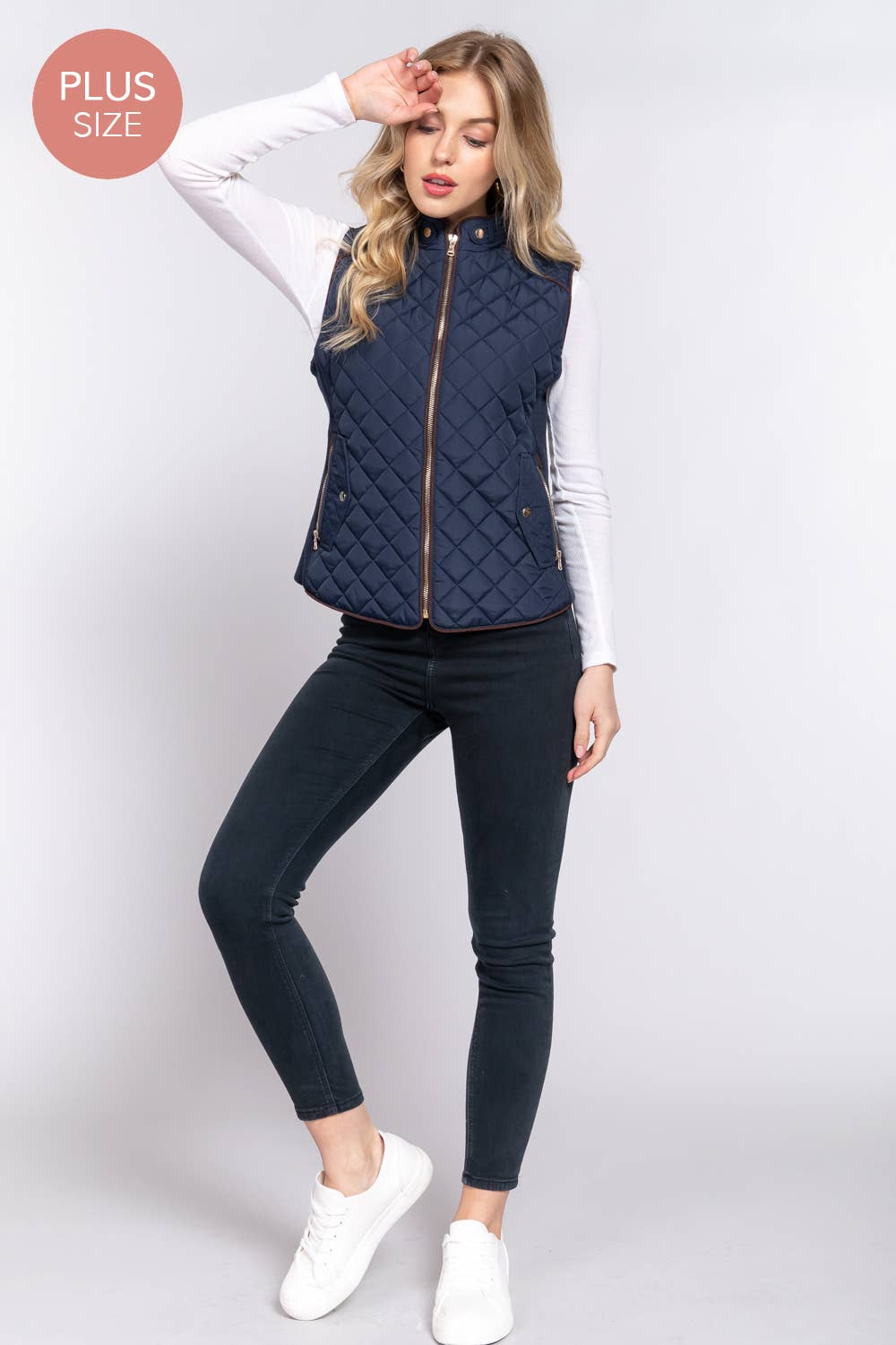 PLUS Suede Piping Quilted Padding Vest-Navy