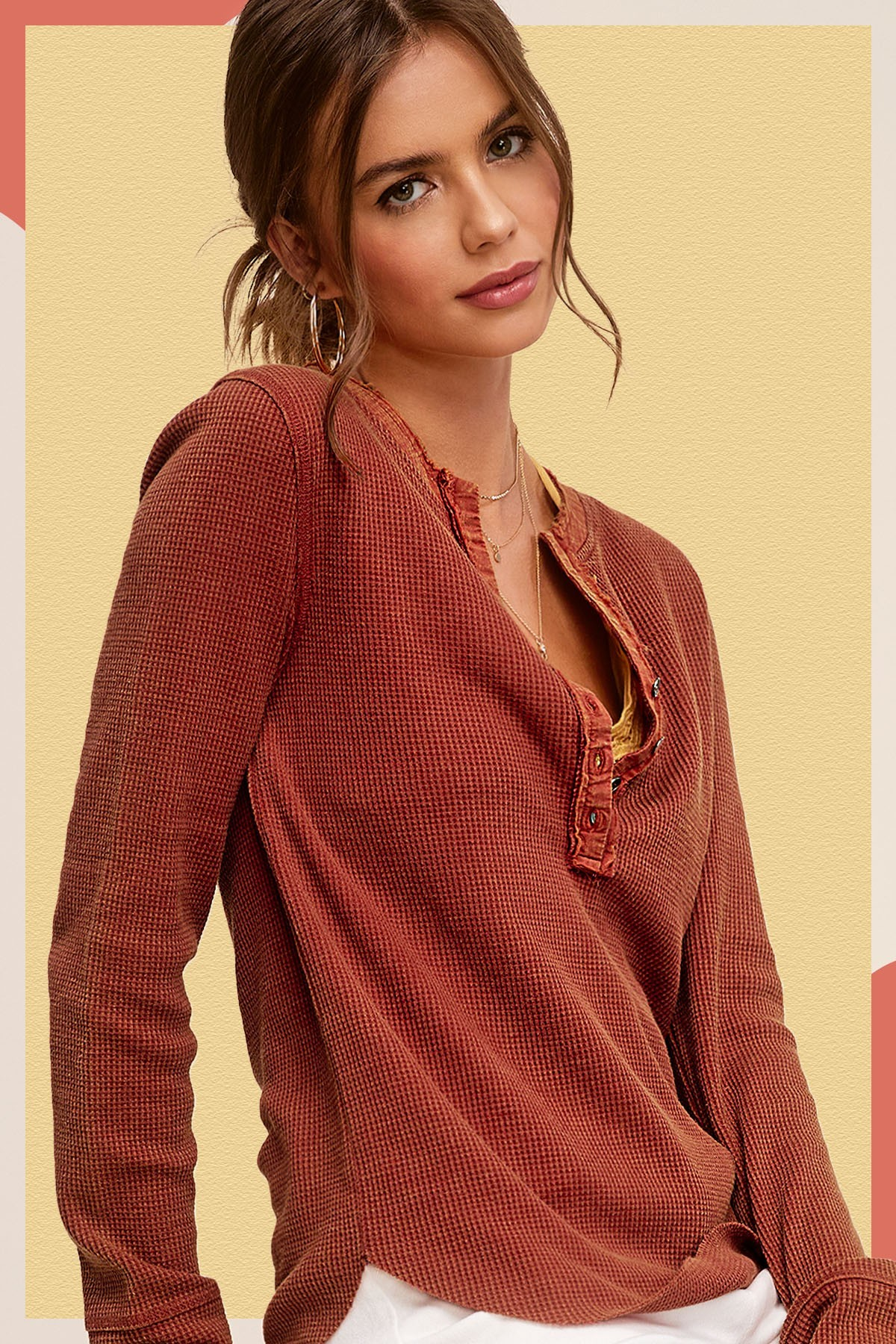 Relaxed Fit Waffle Knit Long Sleeve-Baked Clay