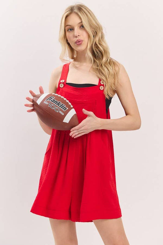 Red Scallop Pocket Strap Game day Romper
