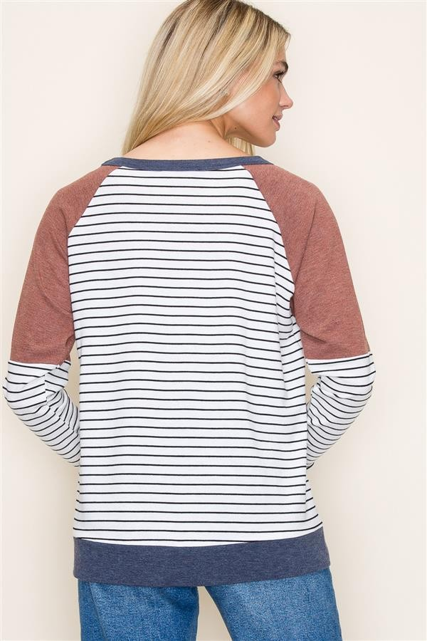 Wide Neck, Long Sleeve, Terry Top - Ivory/Rust