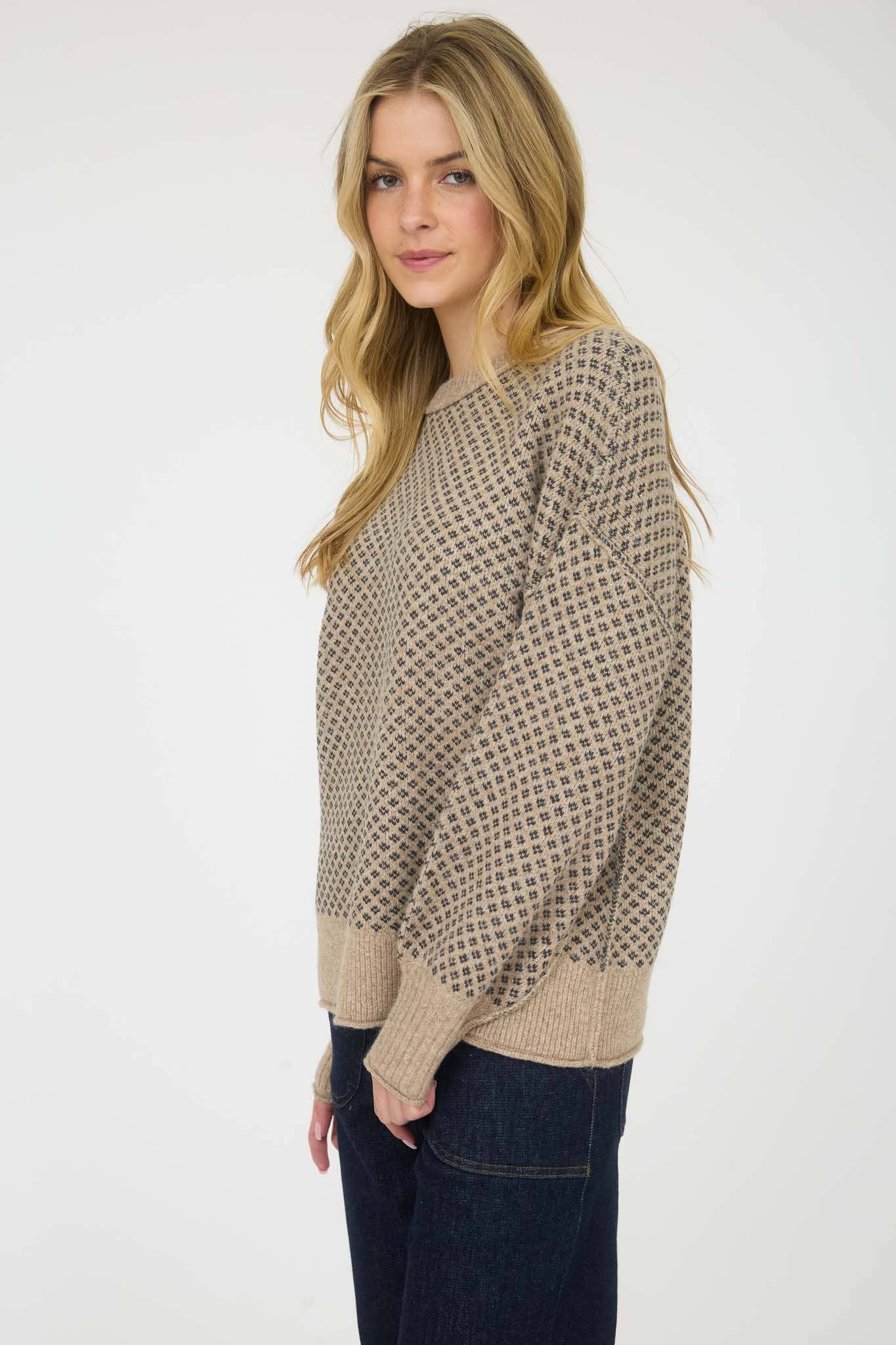 KHAKI MINI JACQUARD CREW NECK LONG SLEEVE KNIT SWEATER