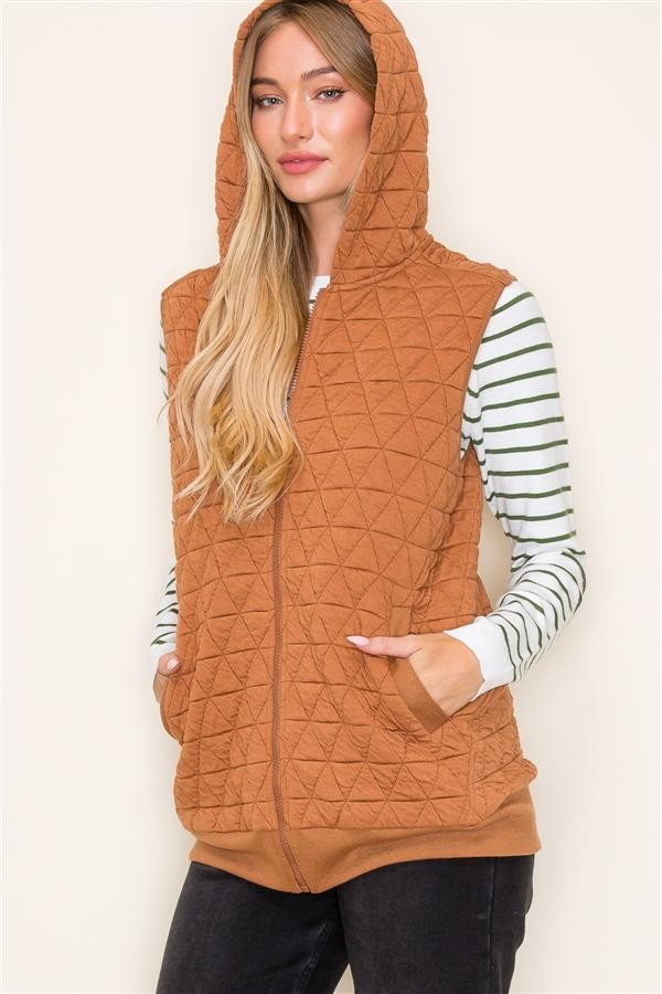 Quilted Knit Hooded Vest - Toffee