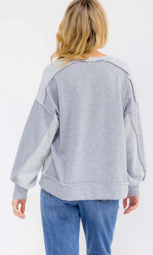 Heather Grey - Solid Knit Exposed Seam Pullover Top