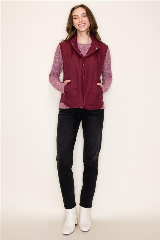 Button Down Padded Vest - Wine