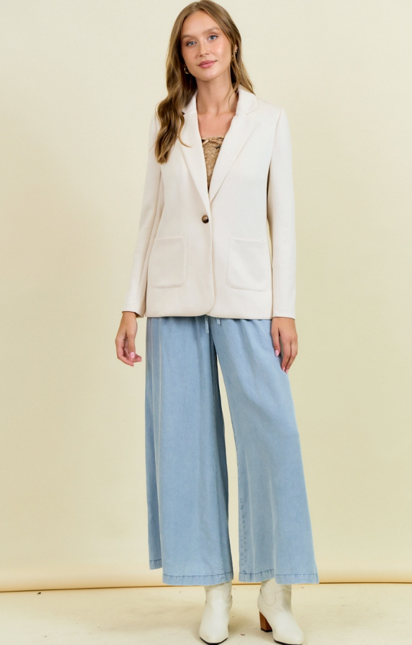 Ecru - Notched Collar Soft Brushed Modal Patch Pocket Long Sleeve Blazer