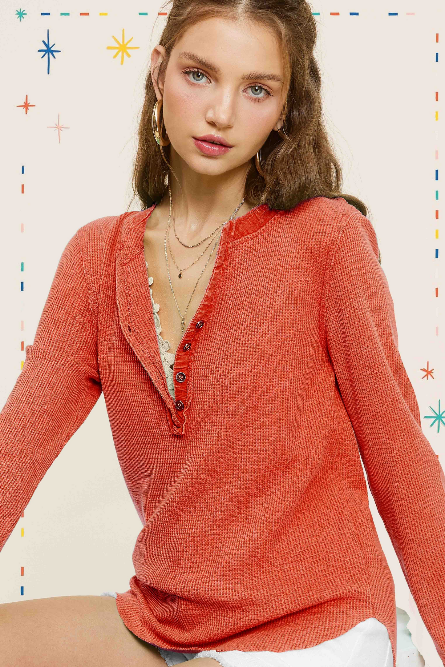 Relaxed Fit Waffle Knit Long Sleeve-Burnt Orange