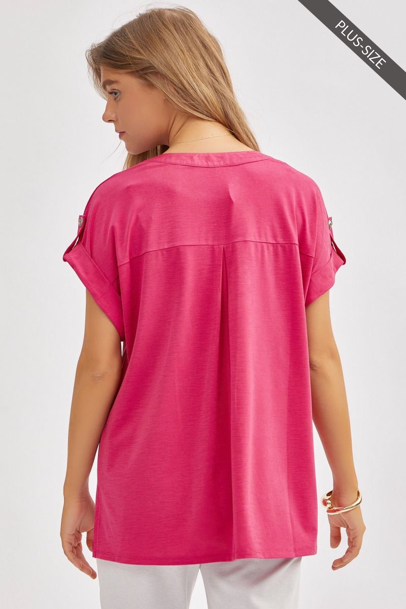 Magenta Plus Wrinkle Free Button Sleeve Top