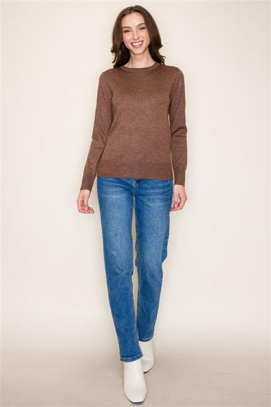 Basic Crew Neck Pullover Sweater - Brown