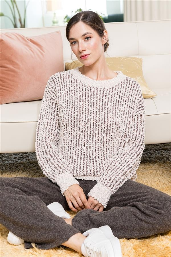 Popcorn Yarn Pullover Sweater - Mocha