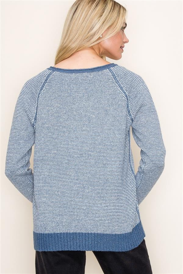 Pinstriped Raglan Pullover Sweater - Indigo