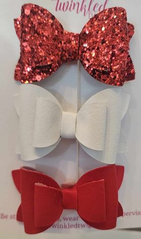3 Pack Leather Bows - Red & White