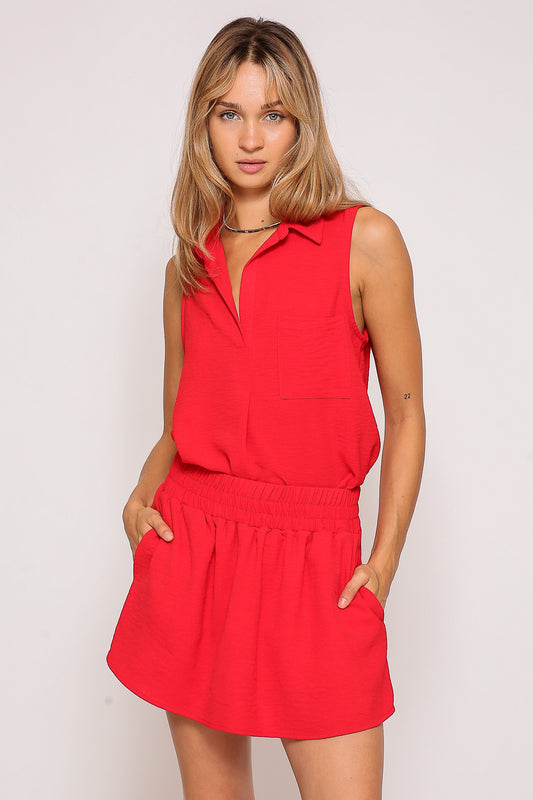 Red Vneck Collard Tank with Pocket