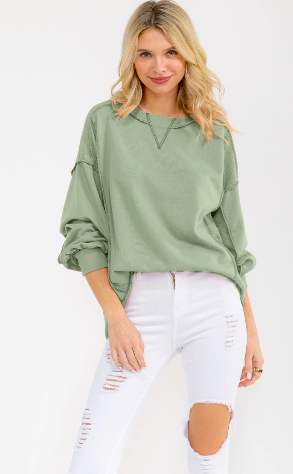Sage - Solid Knit Exposed Seam Pullover Top