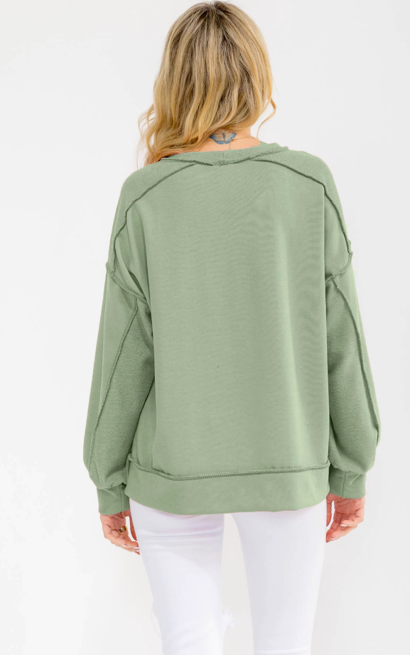 Sage - Solid Knit Exposed Seam Pullover Top